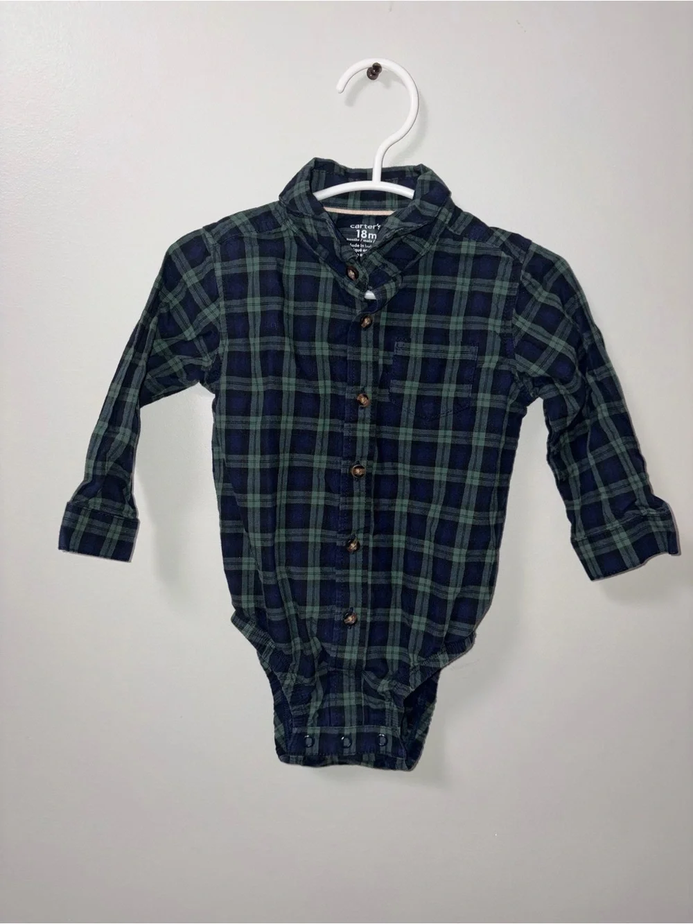 Carters Navy & Green Plaid Long Sleeve Bubble Romper Boys 18M
